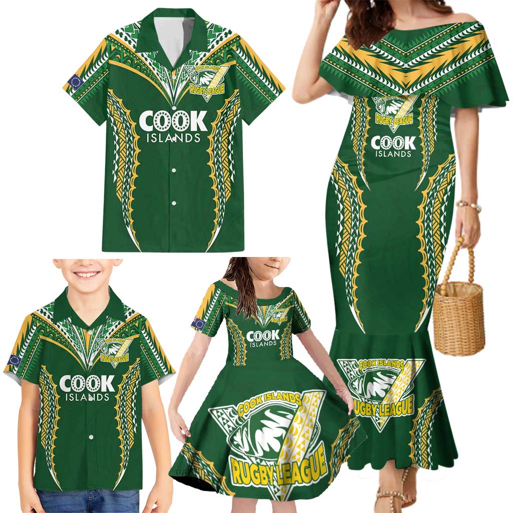 Custom Cook Islands Rugby League Family Matching Mermaid Dress and Hawaiian Shirt Tatau Tribal Pattern-Special Edition Green Color LT03 - Polynesian Pride
