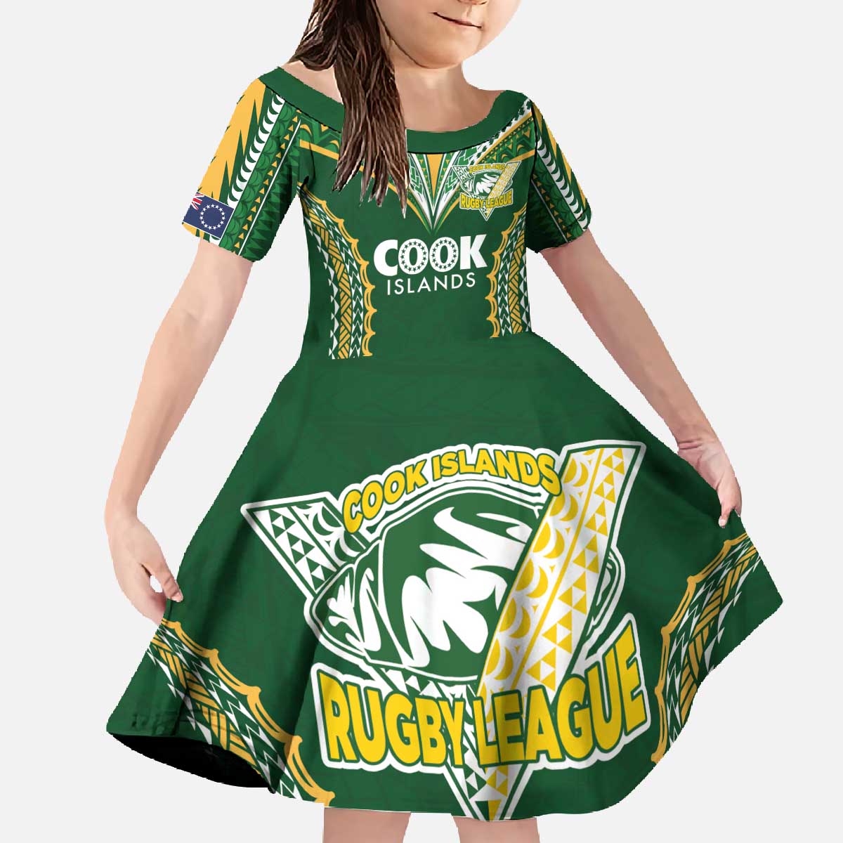 Custom Cook Islands Rugby League Family Matching Off The Shoulder Long Sleeve Dress and Hawaiian Shirt Tatau Tribal Pattern-Special Edition Green Color LT03 Daughter's Dress Green-Yellow - Polynesian Pride