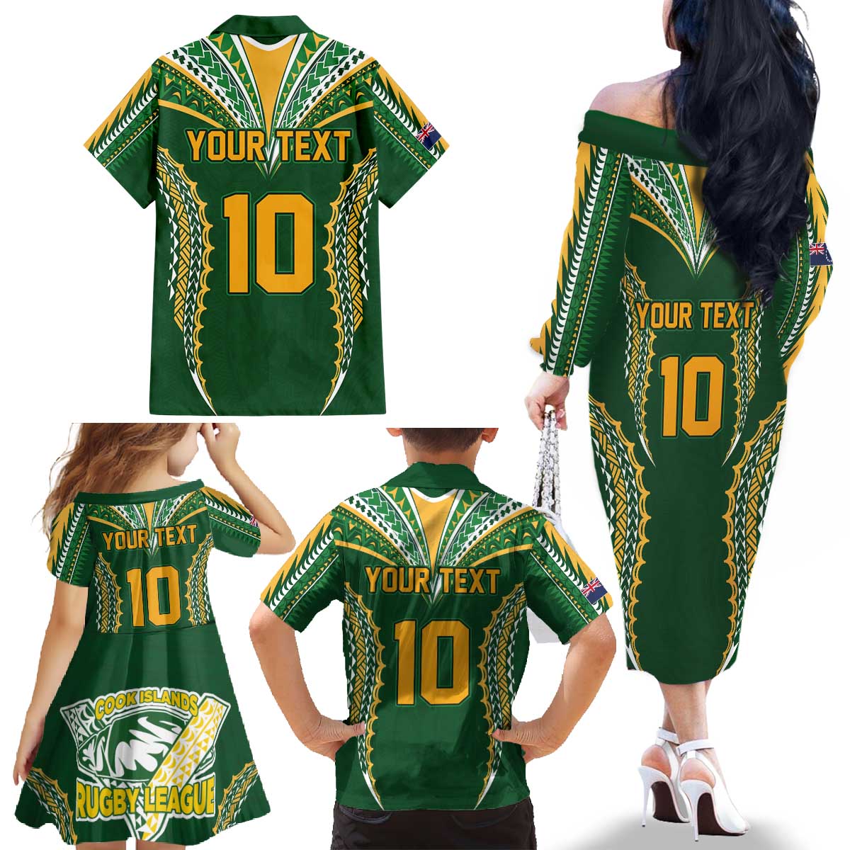 Custom Cook Islands Rugby League Family Matching Off The Shoulder Long Sleeve Dress and Hawaiian Shirt Tatau Tribal Pattern-Special Edition Green Color LT03 - Polynesian Pride