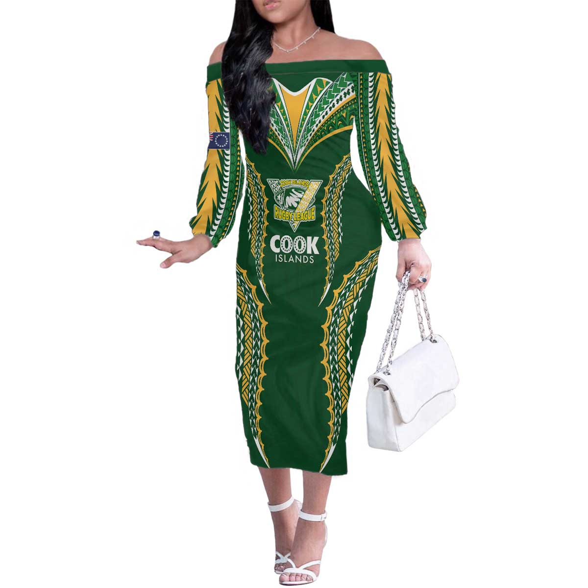Custom Cook Islands Rugby League Family Matching Off The Shoulder Long Sleeve Dress and Hawaiian Shirt Tatau Tribal Pattern-Special Edition Green Color LT03 Mom's Dress Green-Yellow - Polynesian Pride