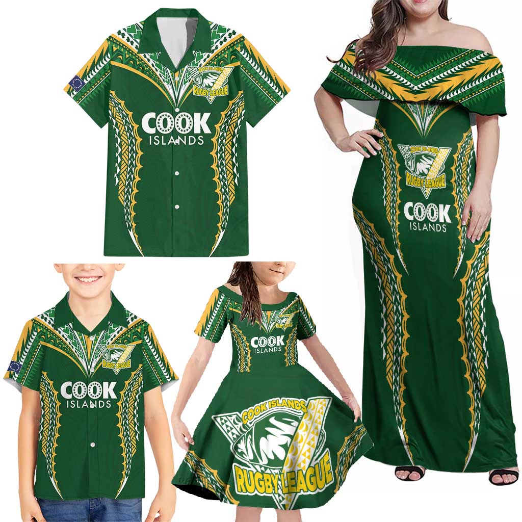 Custom Cook Islands Rugby League Family Matching Off Shoulder Maxi Dress and Hawaiian Shirt Tatau Tribal Pattern-Special Edition Green Color LT03 - Polynesian Pride