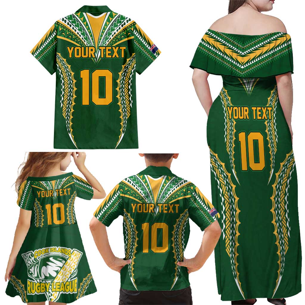 Custom Cook Islands Rugby League Family Matching Off Shoulder Maxi Dress and Hawaiian Shirt Tatau Tribal Pattern-Special Edition Green Color LT03 - Polynesian Pride