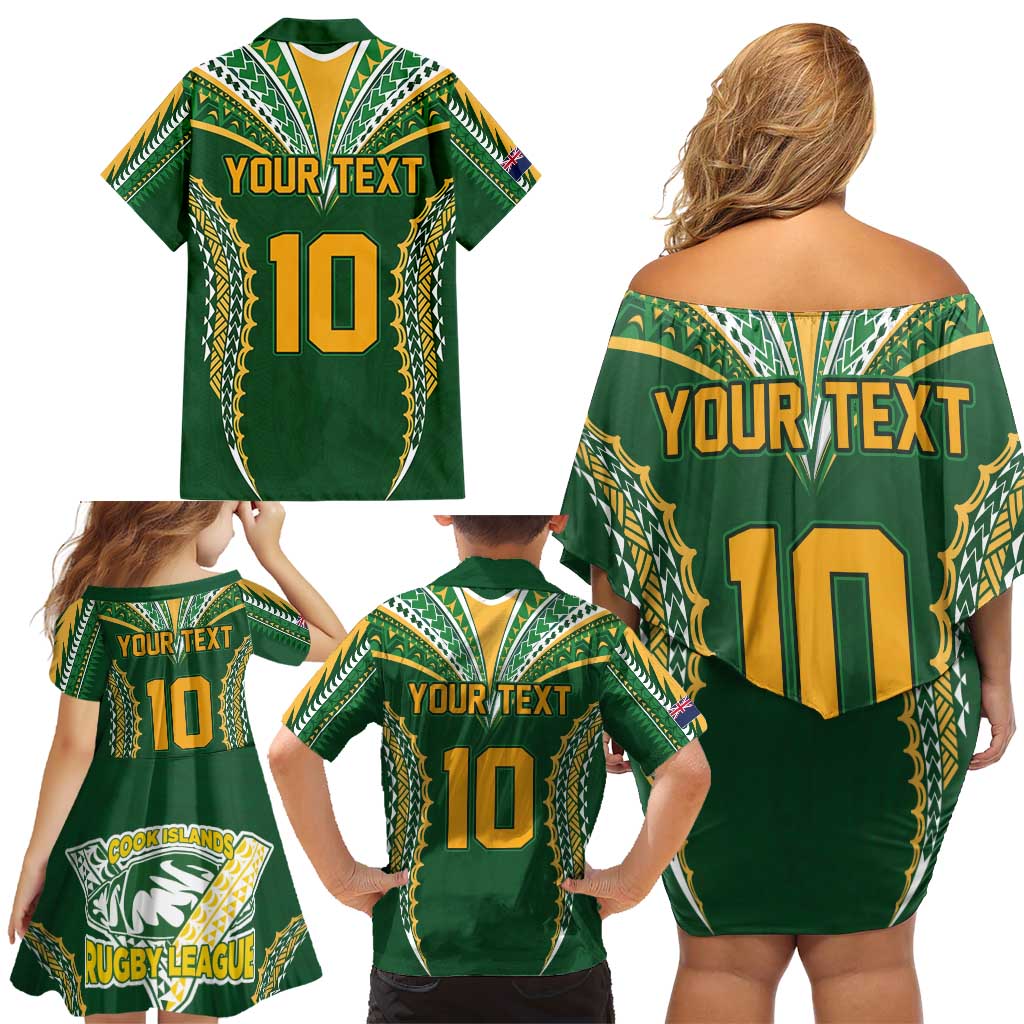 Custom Cook Islands Rugby League Family Matching Off Shoulder Short Dress and Hawaiian Shirt Tatau Tribal Pattern-Special Edition Green Color LT03 - Polynesian Pride