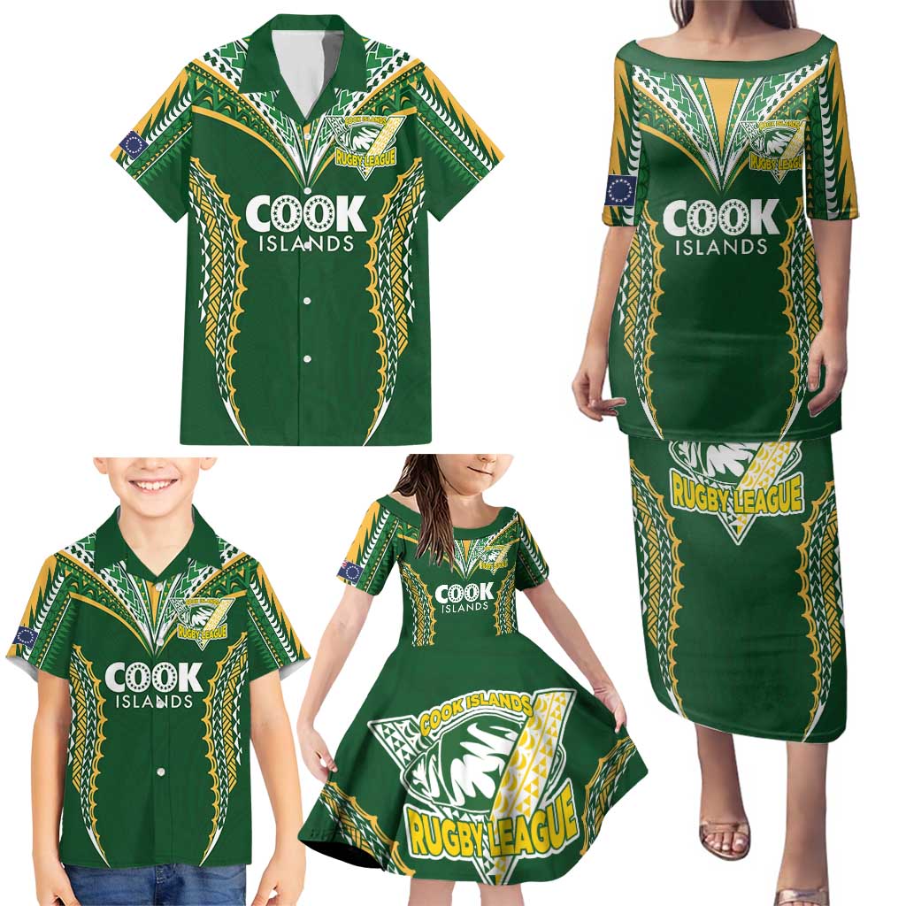 Custom Cook Islands Rugby League Family Matching Puletasi and Hawaiian Shirt Tatau Tribal Pattern-Special Edition Green Color LT03 - Polynesian Pride