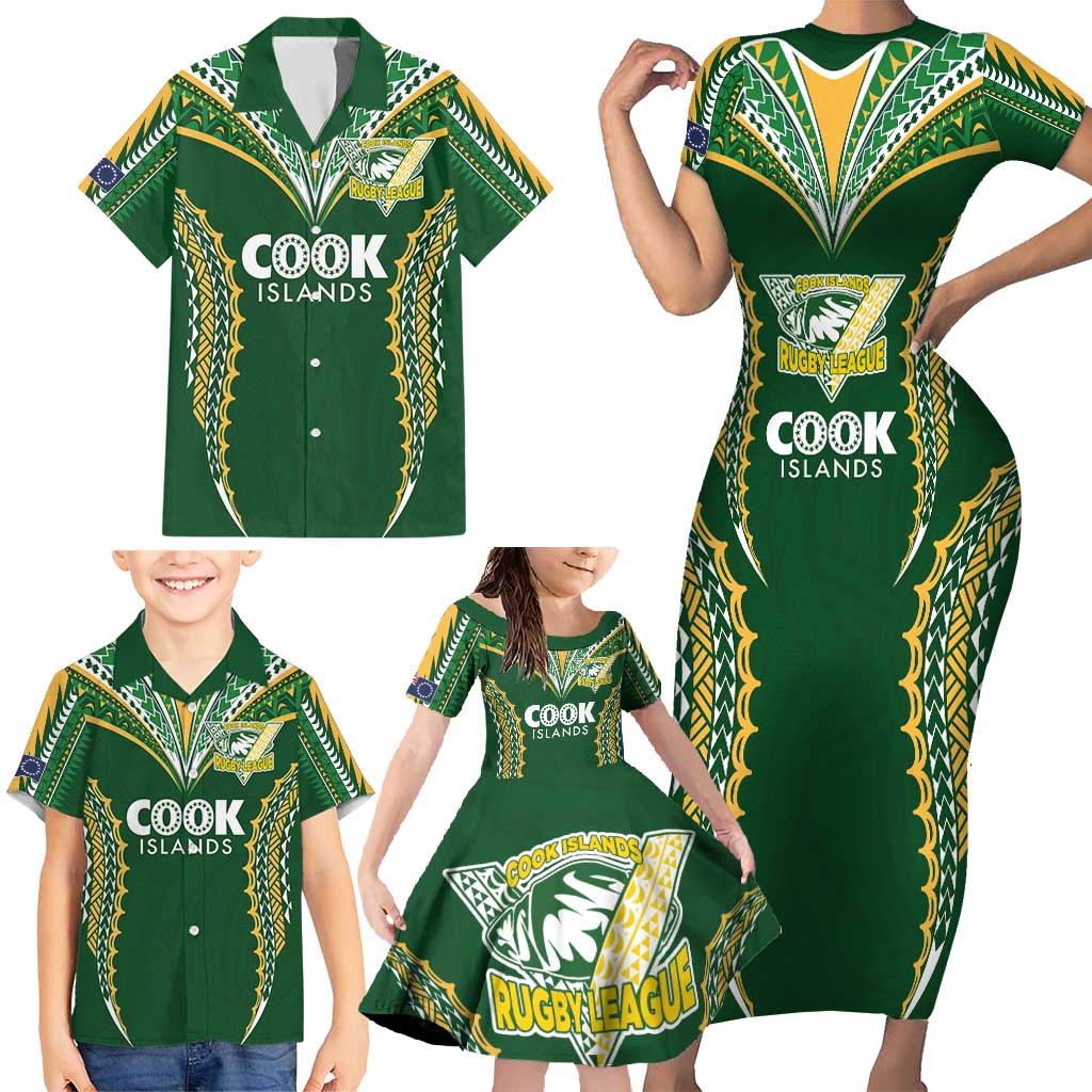 Custom Cook Islands Rugby League Family Matching Short Sleeve Bodycon Dress and Hawaiian Shirt Tatau Tribal Pattern-Special Edition Green Color LT03 - Polynesian Pride