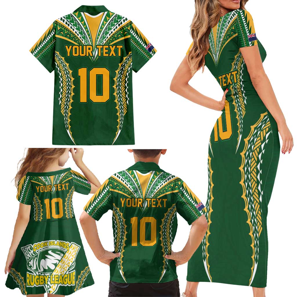 Custom Cook Islands Rugby League Family Matching Short Sleeve Bodycon Dress and Hawaiian Shirt Tatau Tribal Pattern-Special Edition Green Color LT03 - Polynesian Pride