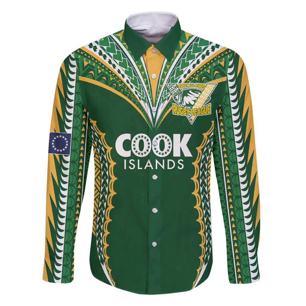 Custom Cook Islands Rugby League Family Matching Short Sleeve Bodycon Dress and Hawaiian Shirt Tatau Tribal Pattern-Special Edition Green Color LT03 Dad's Shirt - Long Sleeve Green-Yellow - Polynesian Pride