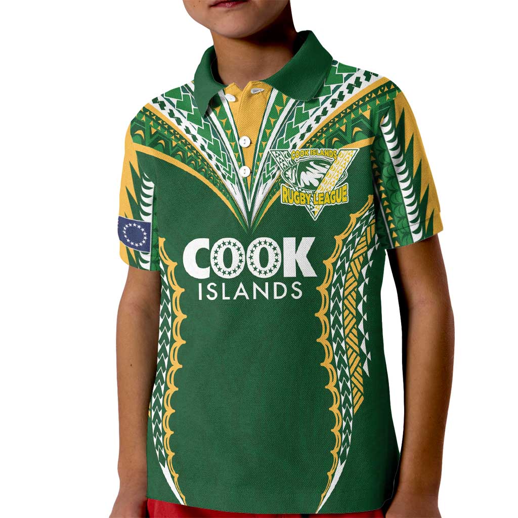 Custom Cook Islands Rugby League Kid Polo Shirt Tatau Tribal Pattern-Special Edition Green Color LT03 Kid Green-Yellow - Polynesian Pride