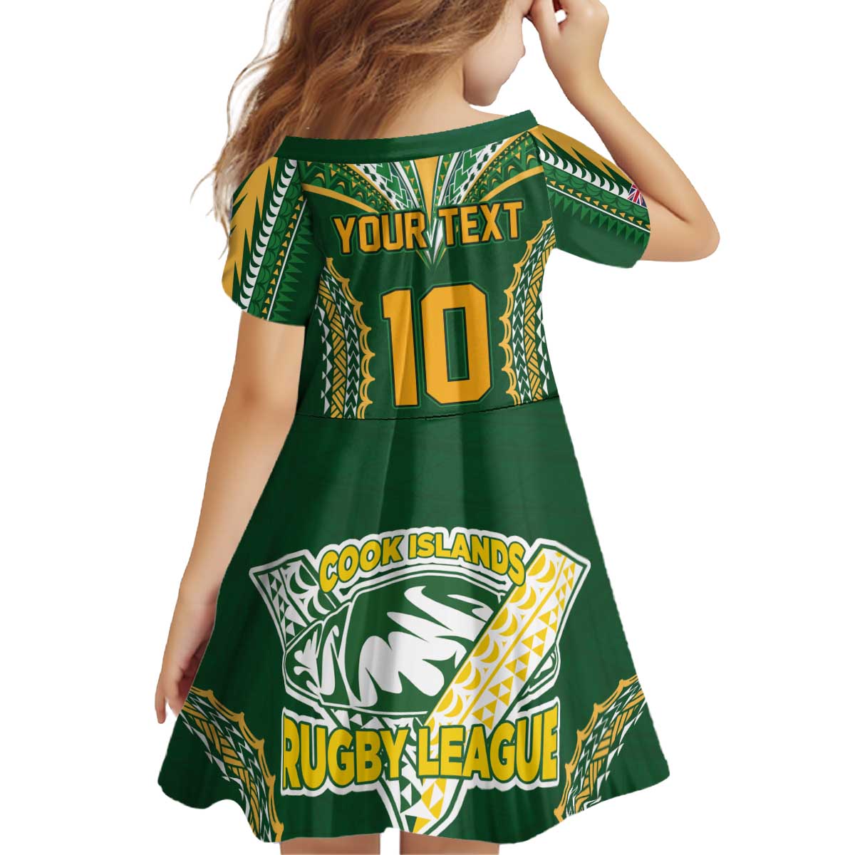Custom Cook Islands Rugby League Kid Short Sleeve Dress Tatau Tribal Pattern-Special Edition Green Color LT03 - Polynesian Pride