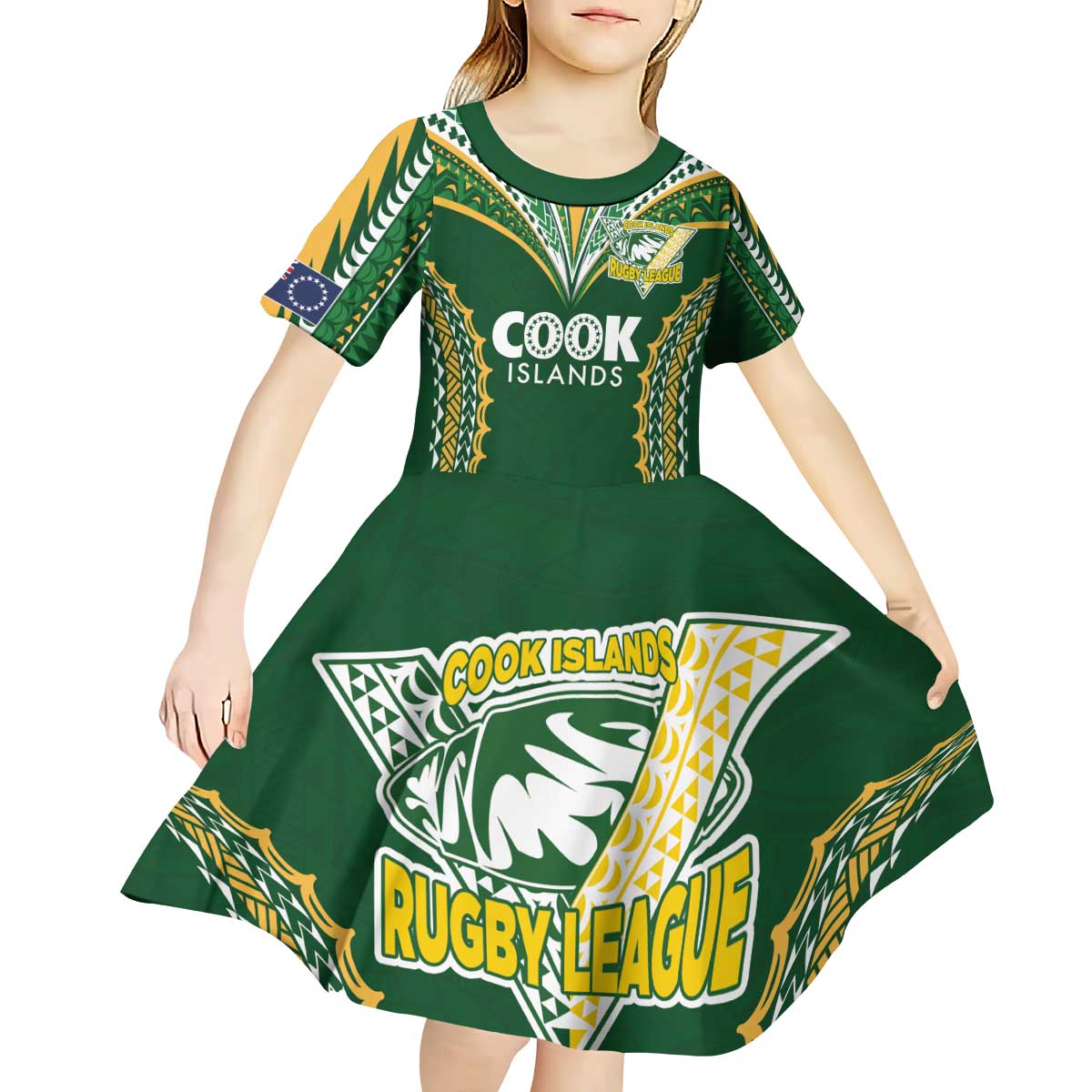 Custom Cook Islands Rugby League Kid Short Sleeve Dress Tatau Tribal Pattern-Special Edition Green Color LT03 - Polynesian Pride