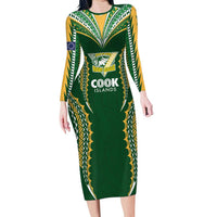 Custom Cook Islands Rugby League Long Sleeve Bodycon Dress Tatau Tribal Pattern-Special Edition Green Color LT03 Long Dress Green-Yellow - Polynesian Pride