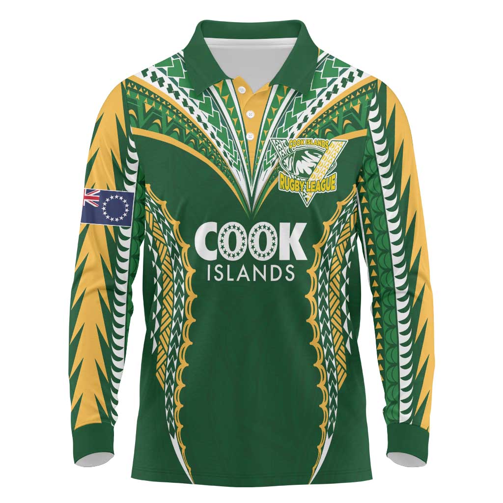 Custom Cook Islands Rugby League Long Sleeve Polo Shirt Tatau Tribal Pattern-Special Edition Green Color LT03 Green-Yellow - Polynesian Pride