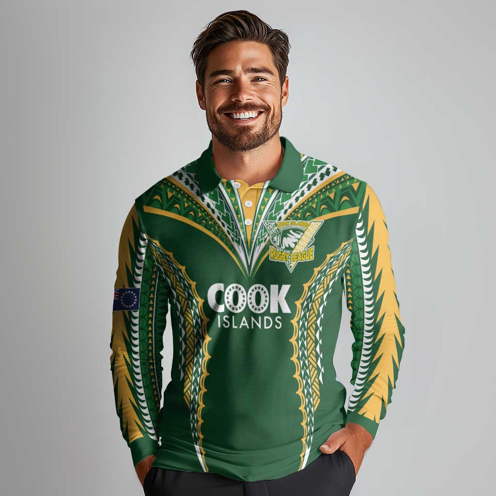 Custom Cook Islands Rugby League Long Sleeve Polo Shirt Tatau Tribal Pattern-Special Edition Green Color LT03 - Polynesian Pride