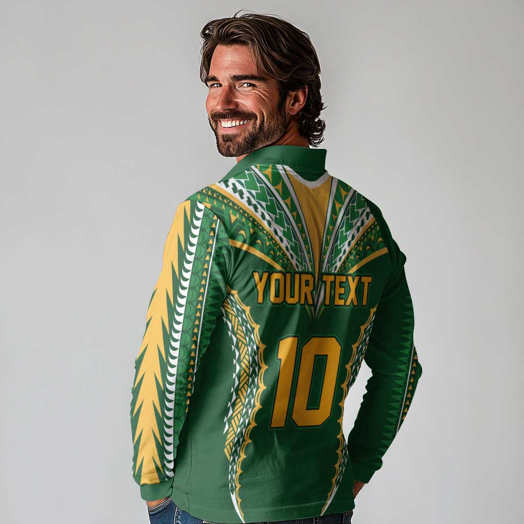 Custom Cook Islands Rugby League Long Sleeve Polo Shirt Tatau Tribal Pattern-Special Edition Green Color LT03 - Polynesian Pride