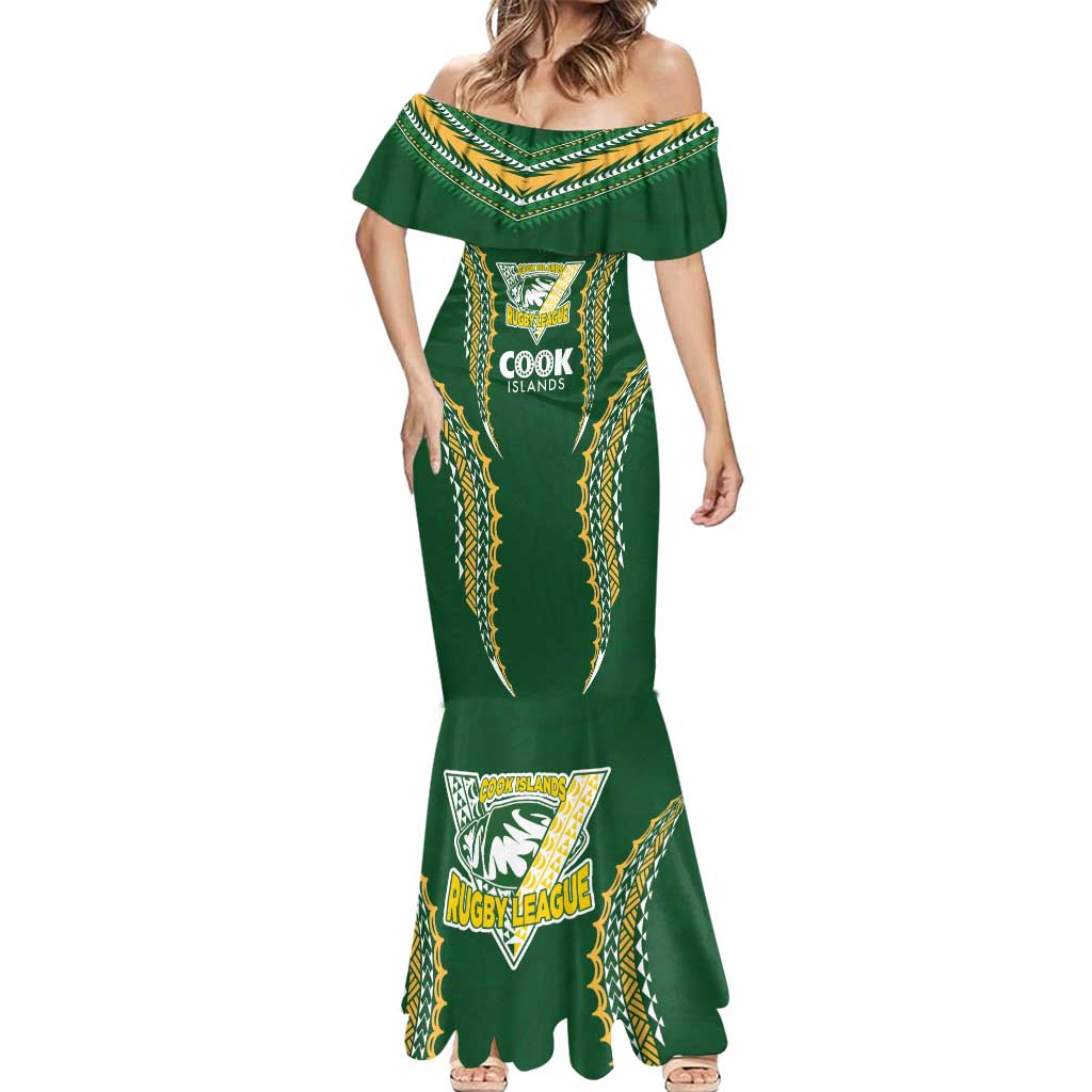 Custom Cook Islands Rugby League Mermaid Dress Tatau Tribal Pattern-Special Edition Green Color LT03 - Polynesian Pride