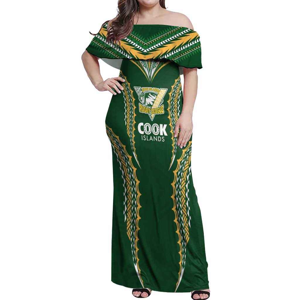 Custom Cook Islands Rugby League Off Shoulder Maxi Dress Tatau Tribal Pattern-Special Edition Green Color LT03 Women Green-Yellow - Polynesian Pride