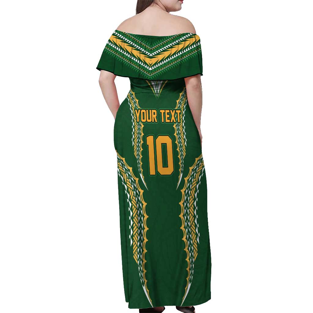 Custom Cook Islands Rugby League Off Shoulder Maxi Dress Tatau Tribal Pattern-Special Edition Green Color LT03 - Polynesian Pride