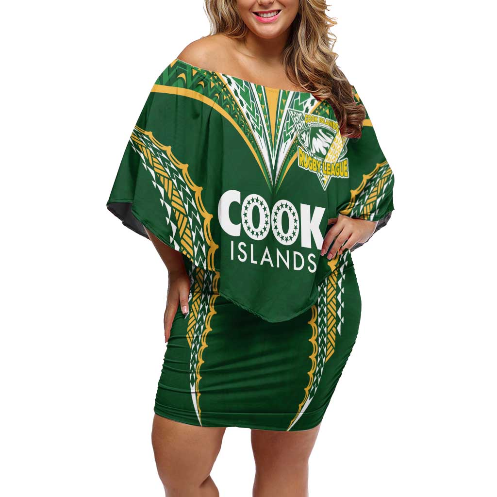 Custom Cook Islands Rugby League Off Shoulder Short Dress Tatau Tribal Pattern-Special Edition Green Color LT03 Women Green-Yellow - Polynesian Pride
