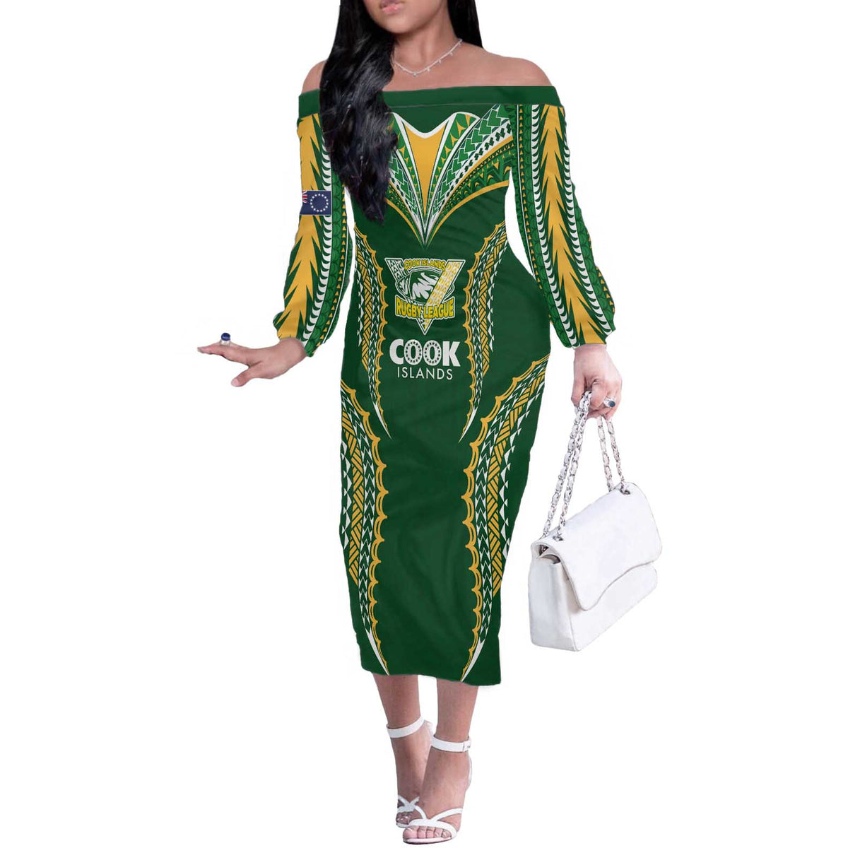 Custom Cook Islands Rugby League Off The Shoulder Long Sleeve Dress Tatau Tribal Pattern-Special Edition Green Color LT03 Women Green-Yellow - Polynesian Pride