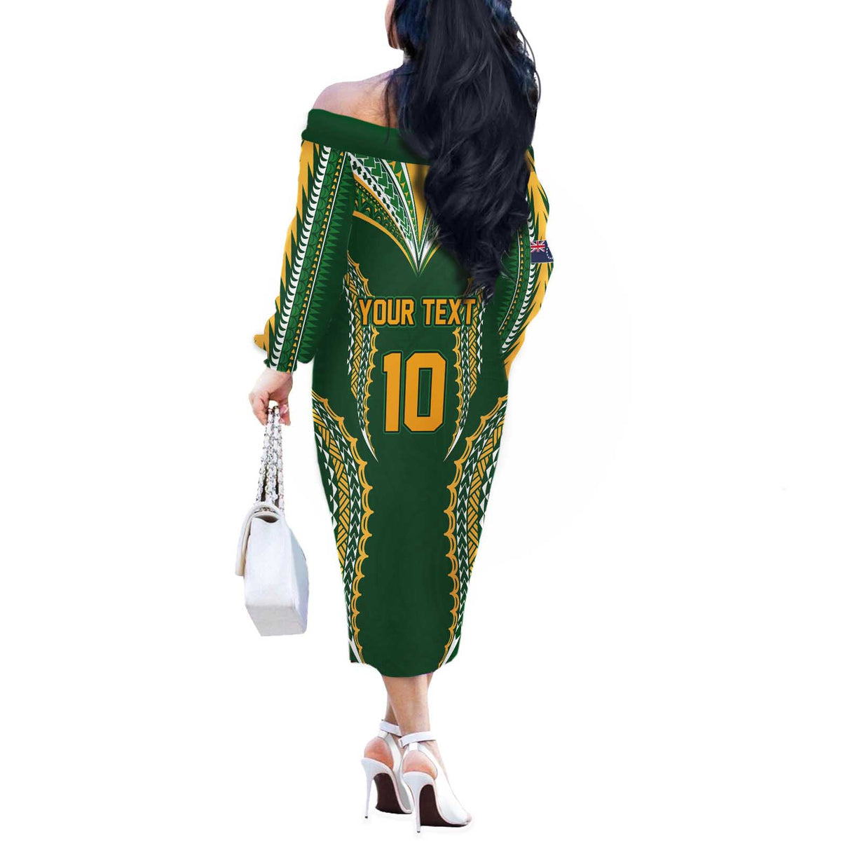 Custom Cook Islands Rugby League Off The Shoulder Long Sleeve Dress Tatau Tribal Pattern-Special Edition Green Color LT03 - Polynesian Pride