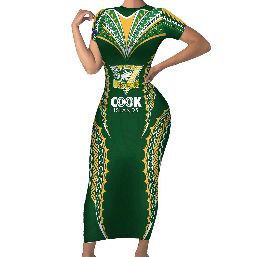 Custom Cook Islands Rugby League Short Sleeve Bodycon Dress Tatau Tribal Pattern-Special Edition Green Color LT03 Long Dress Green-Yellow - Polynesian Pride