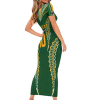 Custom Cook Islands Rugby League Short Sleeve Bodycon Dress Tatau Tribal Pattern-Special Edition Green Color LT03 - Polynesian Pride