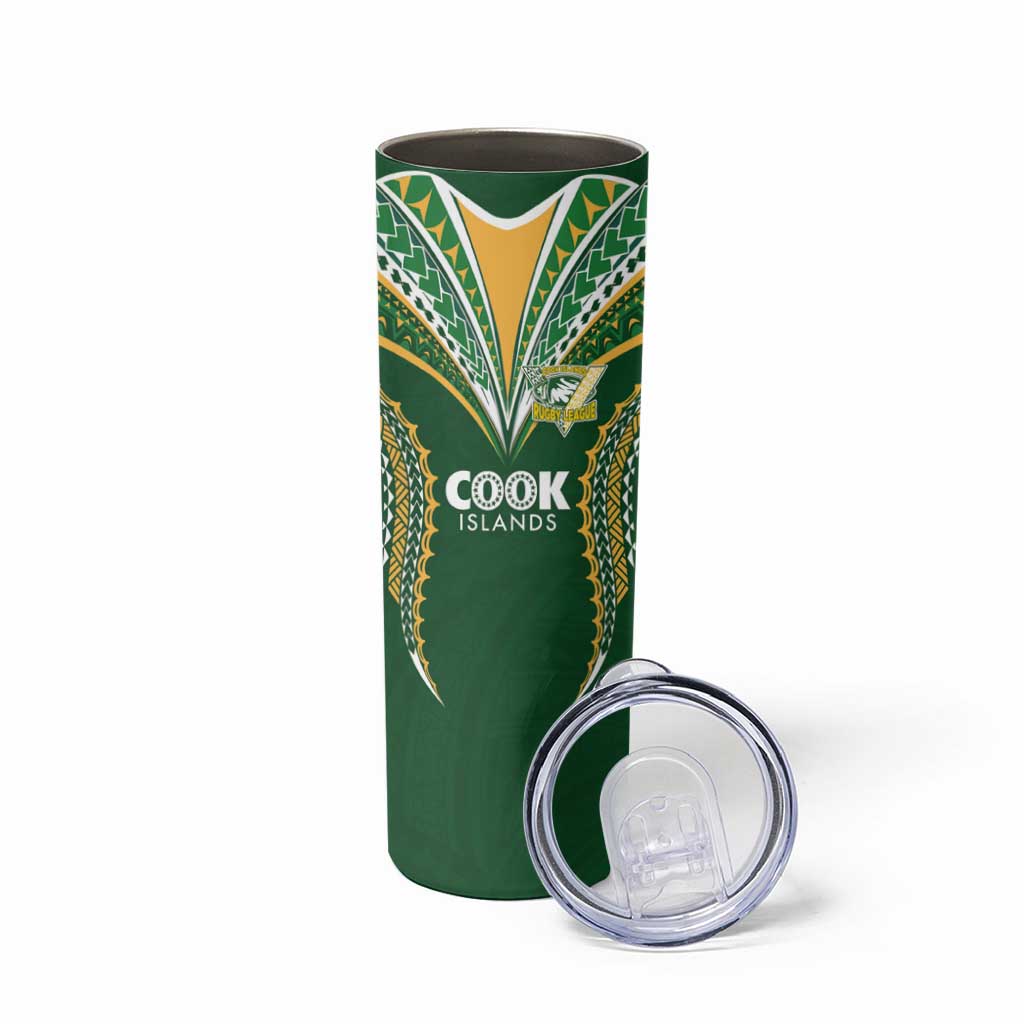Custom Cook Island Rugby League 2025 Skinny Tumbler Tatau Tribal Pattern-Special Edition Green Color LT03 - Polynesian Pride