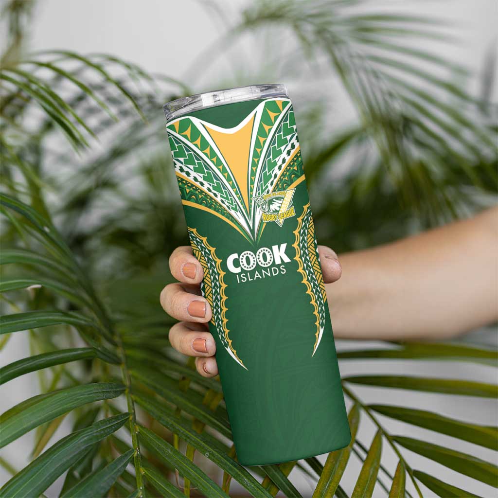 Custom Cook Island Rugby League 2025 Skinny Tumbler Tatau Tribal Pattern-Special Edition Green Color LT03 - Polynesian Pride