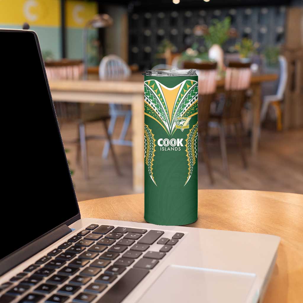 Custom Cook Island Rugby League 2025 Skinny Tumbler Tatau Tribal Pattern-Special Edition Green Color LT03 - Polynesian Pride