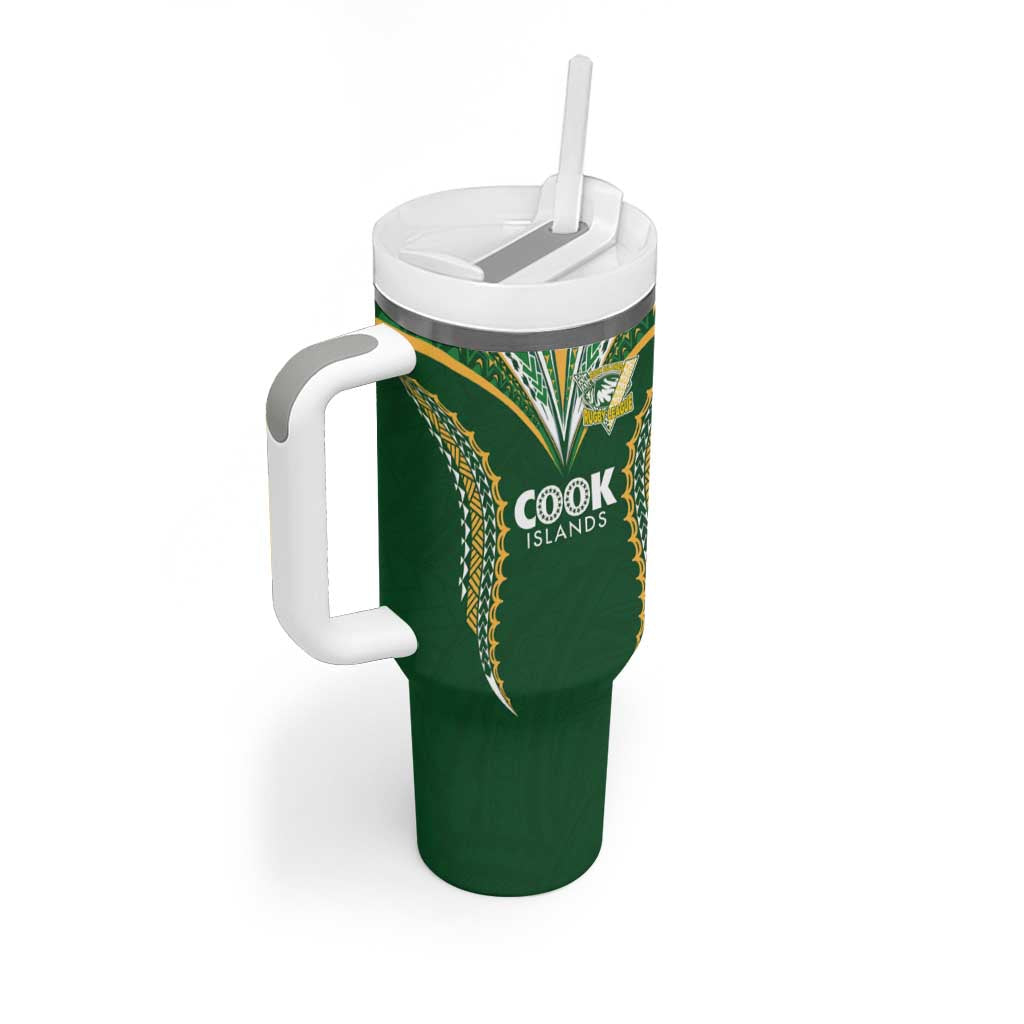 Custom Cook Island Rugby League 2025 Tumbler With Handle Tatau Tribal Pattern-Special Edition Green Color LT03 - Polynesian Pride