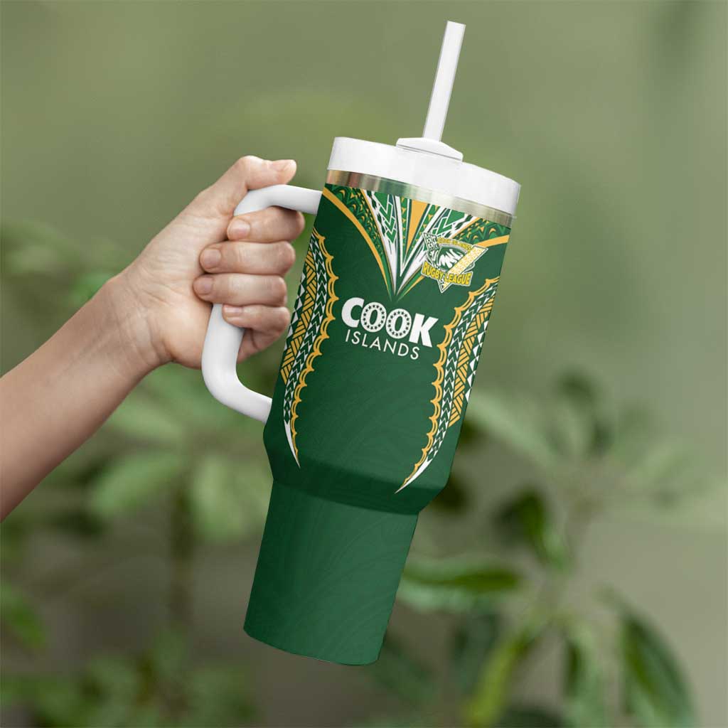 Custom Cook Island Rugby League 2025 Tumbler With Handle Tatau Tribal Pattern-Special Edition Green Color LT03 - Polynesian Pride