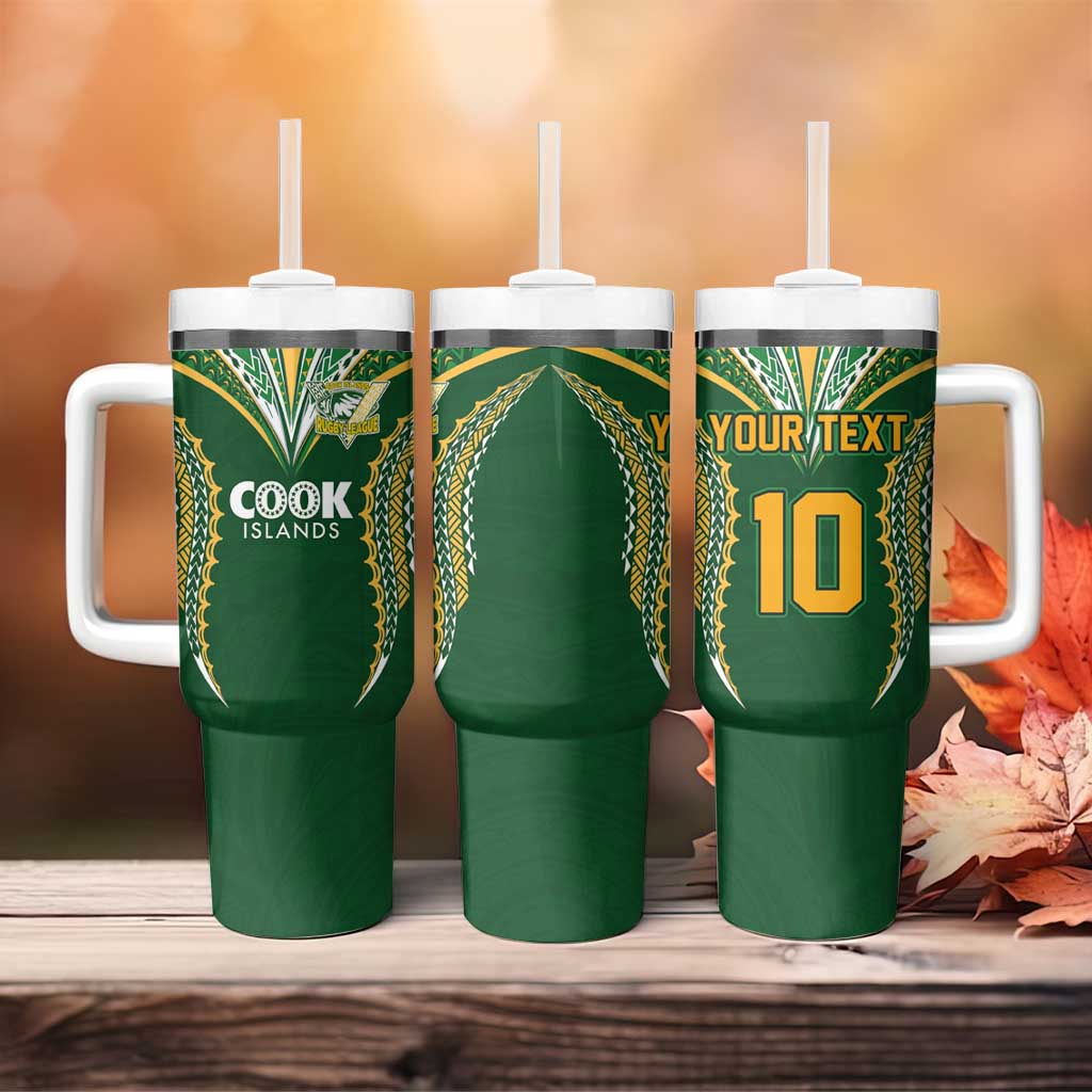 Custom Cook Island Rugby League 2025 Tumbler With Handle Tatau Tribal Pattern-Special Edition Green Color LT03 - Polynesian Pride