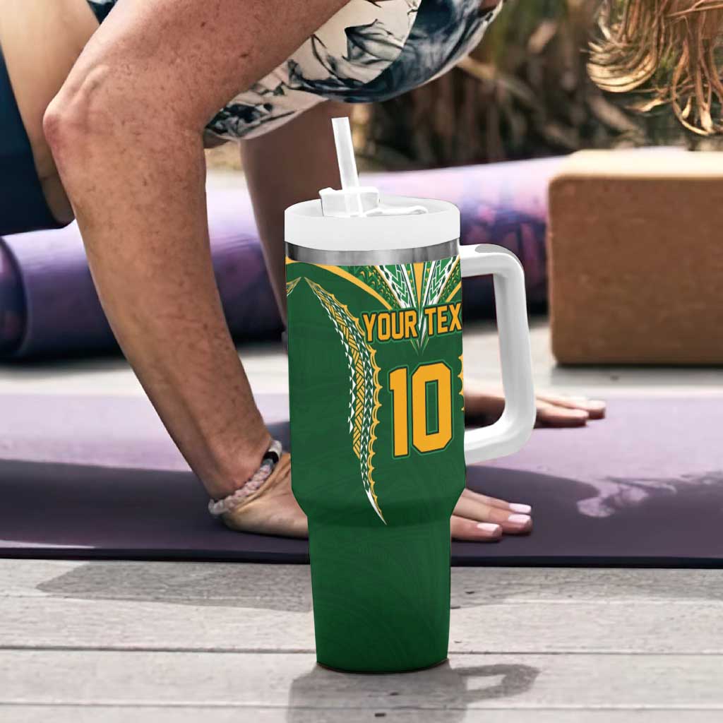 Custom Cook Island Rugby League 2025 Tumbler With Handle Tatau Tribal Pattern-Special Edition Green Color LT03 - Polynesian Pride