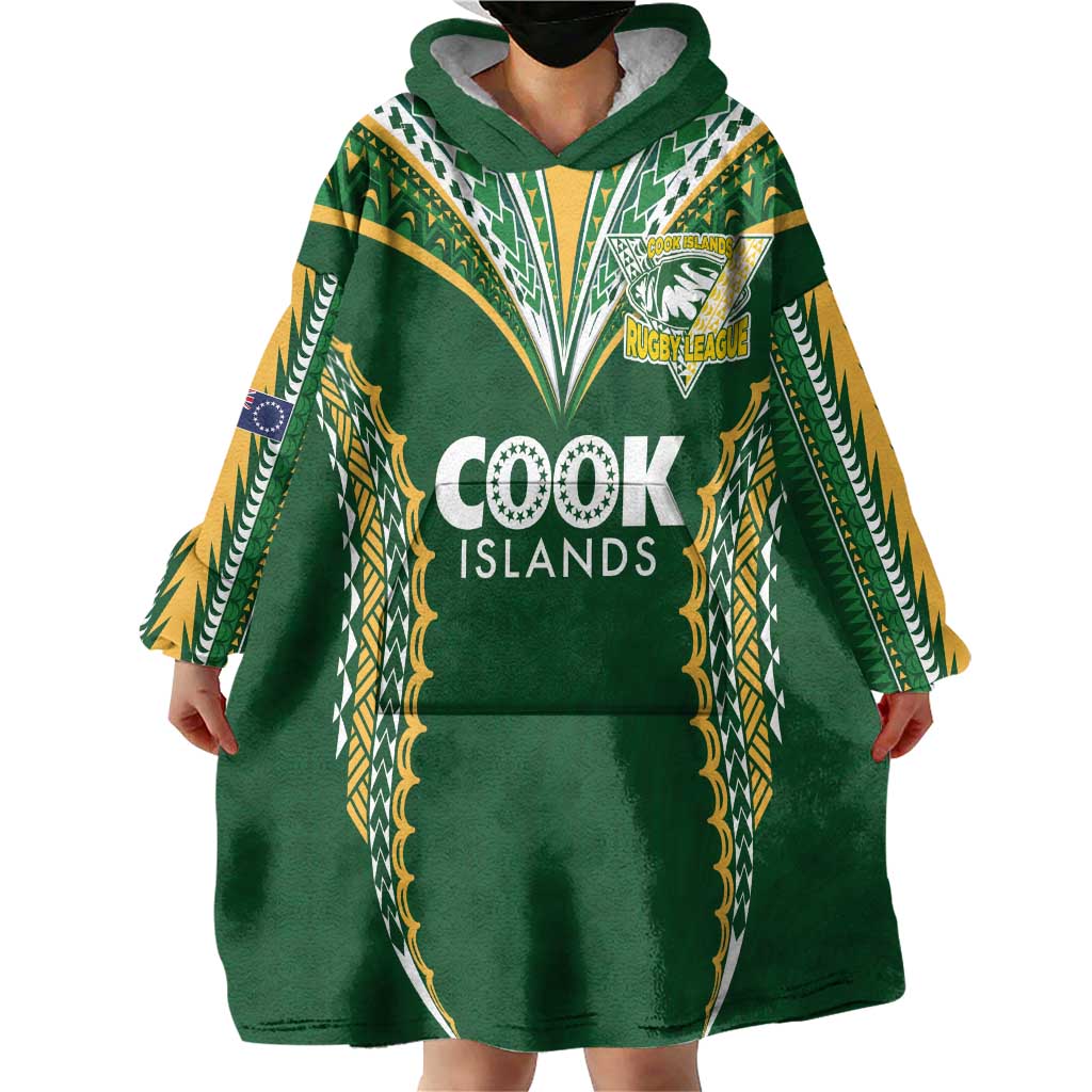 Custom Cook Islands Rugby League Wearable Blanket Hoodie Tatau Tribal Pattern-Special Edition Green Color LT03 - Polynesian Pride