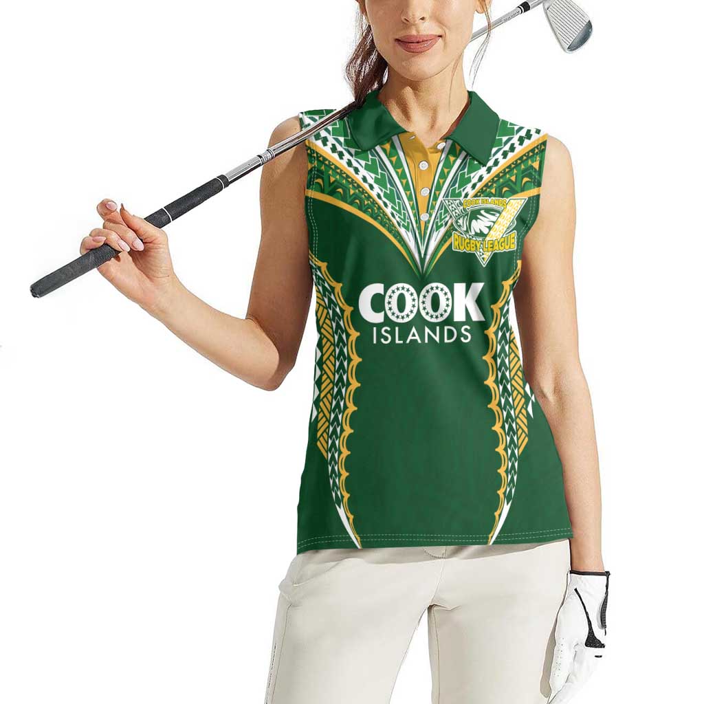 Custom Cook Islands Rugby League Women Sleeveless Polo Shirt Tatau Tribal Pattern-Special Edition Green Color LT03 - Polynesian Pride
