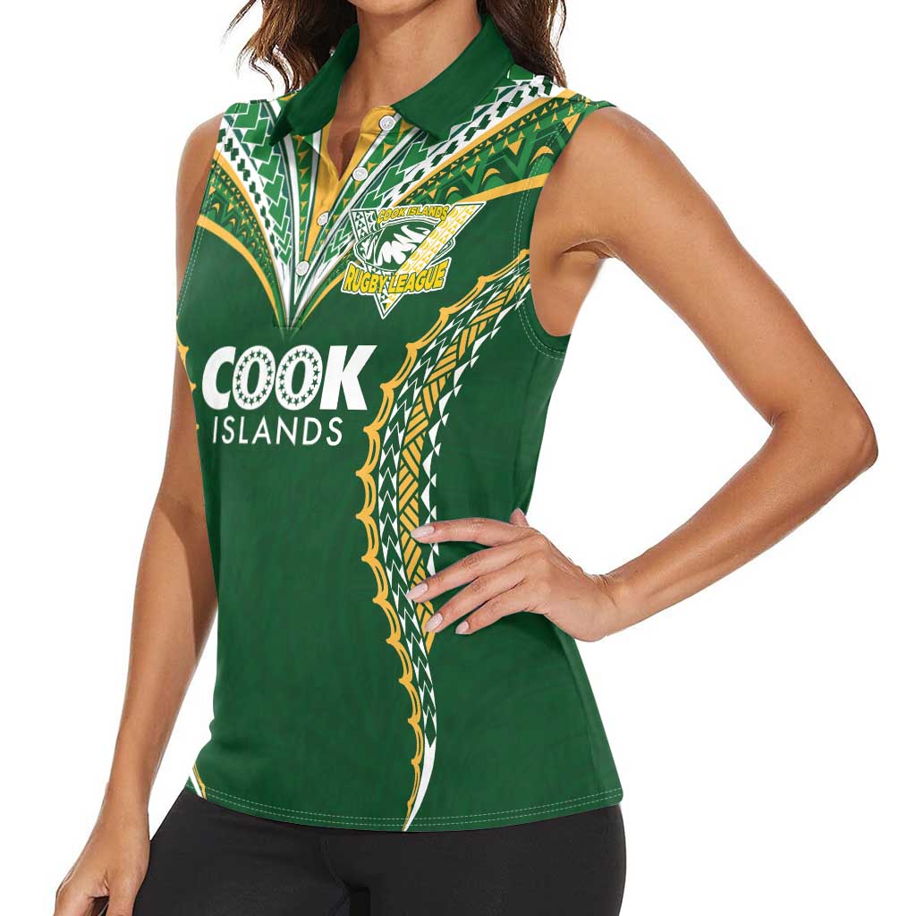 Custom Cook Islands Rugby League Women Sleeveless Polo Shirt Tatau Tribal Pattern-Special Edition Green Color LT03 - Polynesian Pride