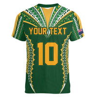 Custom Cook Islands Rugby League Women V-Neck T-Shirt Tatau Tribal Pattern-Special Edition Green Color LT03 - Polynesian Pride