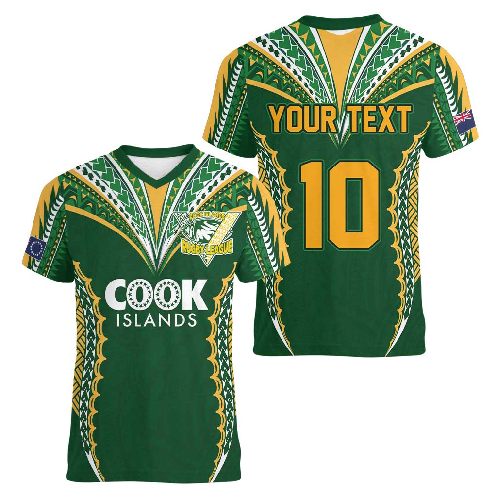 Custom Cook Islands Rugby League Women V-Neck T-Shirt Tatau Tribal Pattern-Special Edition Green Color LT03 - Polynesian Pride