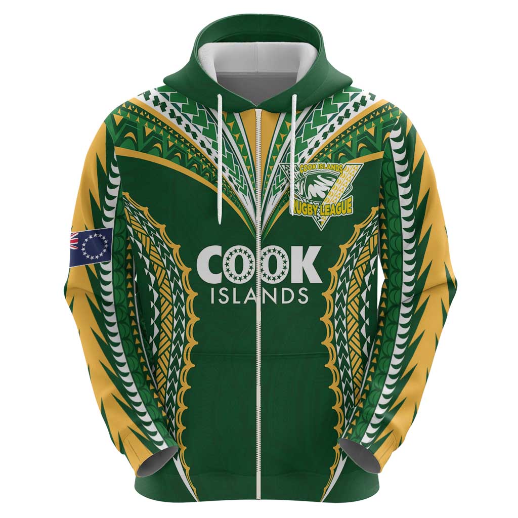 Custom Cook Islands Rugby League Zip Hoodie Tatau Tribal Pattern-Special Edition Green Color LT03 - Polynesian Pride
