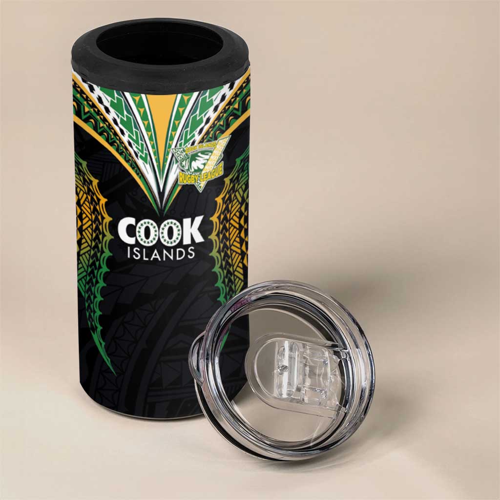 Custom Cook Island Rugby League 2025 4 in 1 Can Cooler Tumbler Tatau Tribal Pattern-Special Edition Black Color LT03 - Polynesian Pride