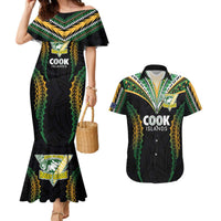 Custom Cook Islands Rugby League Couples Matching Mermaid Dress and Hawaiian Shirt Tatau Tribal Pattern-Special Edition Black Color LT03 Green-Black - Polynesian Pride