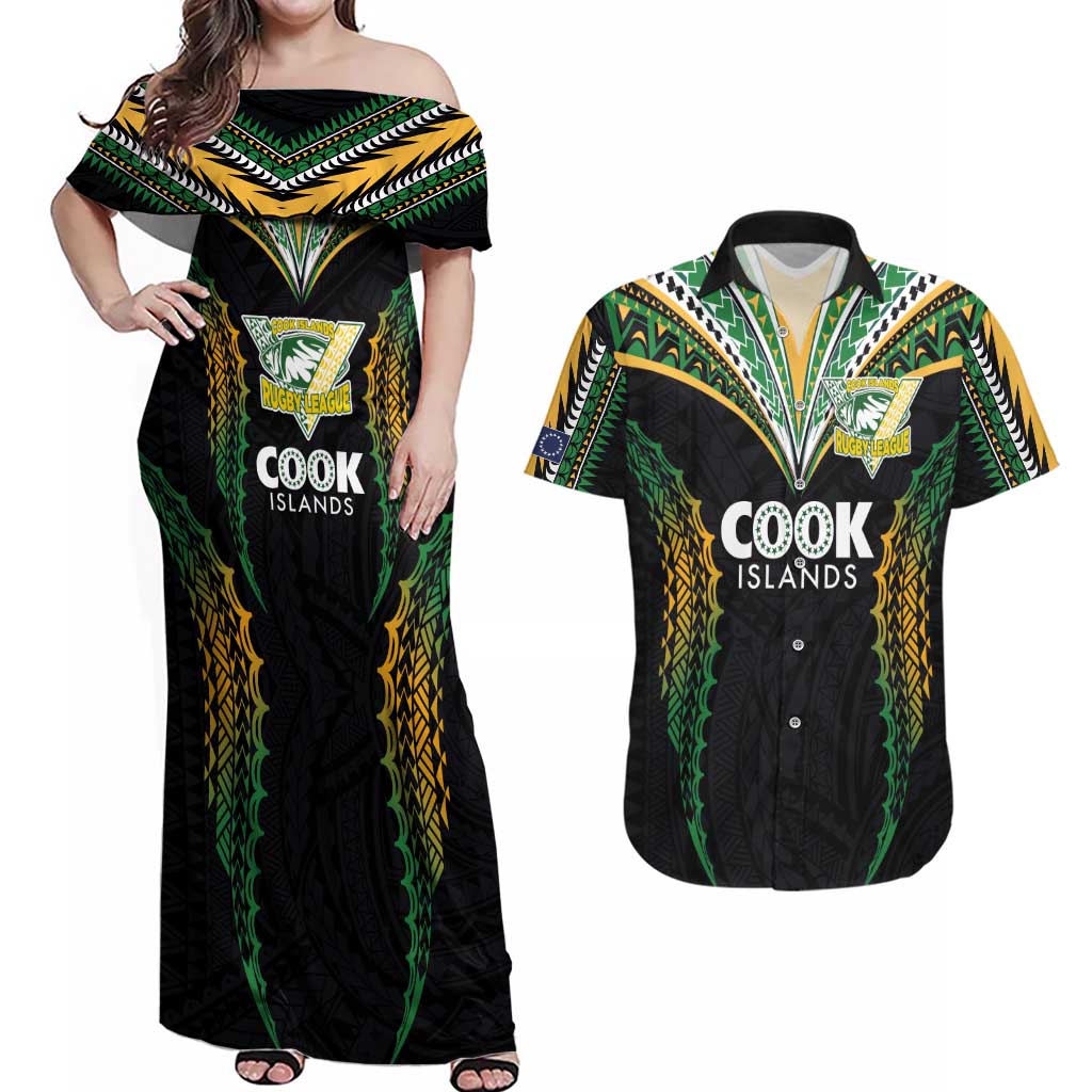 Custom Cook Islands Rugby League Couples Matching Off Shoulder Maxi Dress and Hawaiian Shirt Tatau Tribal Pattern-Special Edition Black Color LT03 Green-Black - Polynesian Pride