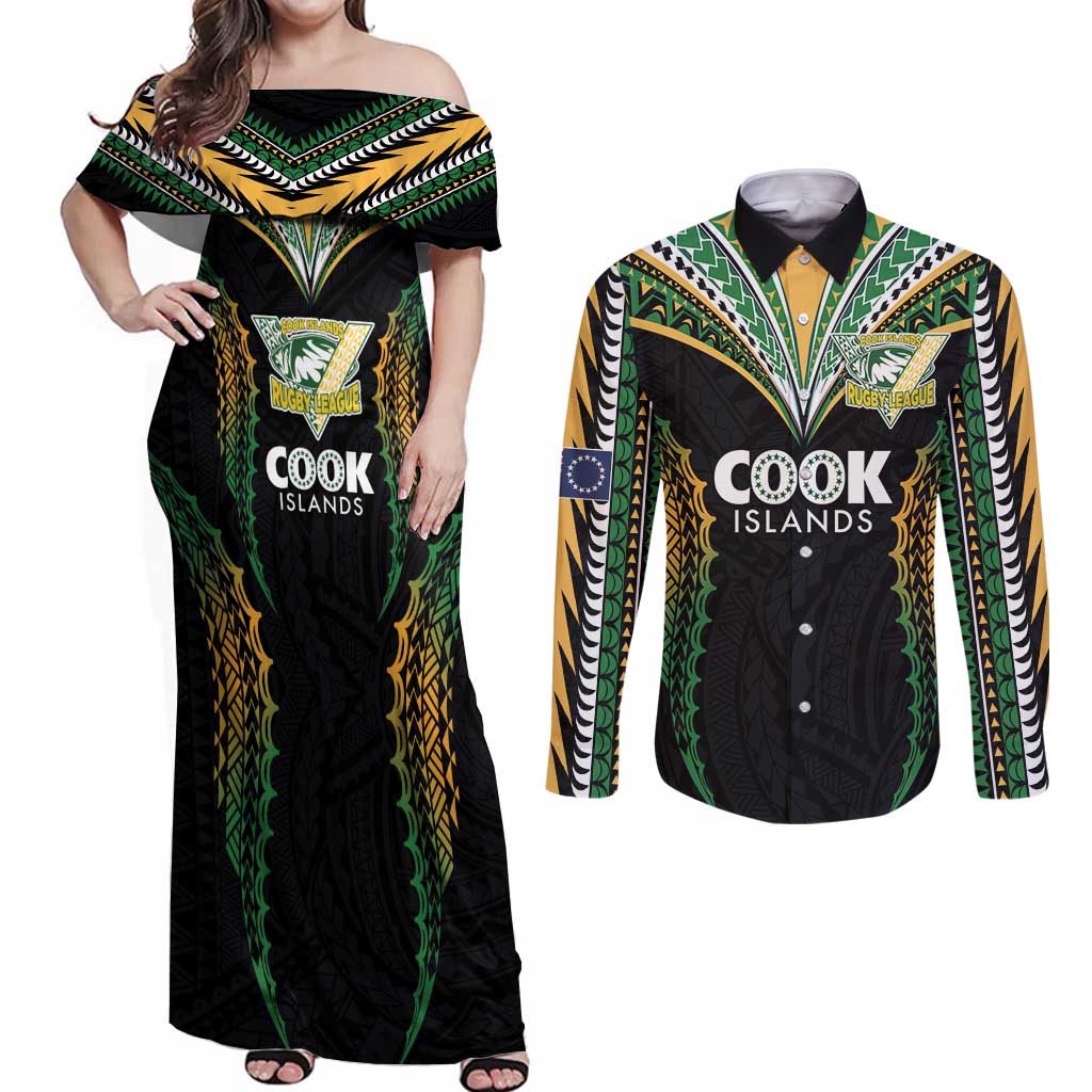 Custom Cook Islands Rugby League Couples Matching Off Shoulder Maxi Dress and Long Sleeve Button Shirt Tatau Tribal Pattern-Special Edition Black Color LT03 Green-Black - Polynesian Pride