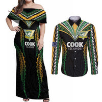Custom Cook Islands Rugby League Couples Matching Off Shoulder Maxi Dress and Long Sleeve Button Shirt Tatau Tribal Pattern-Special Edition Black Color LT03 Green-Black - Polynesian Pride