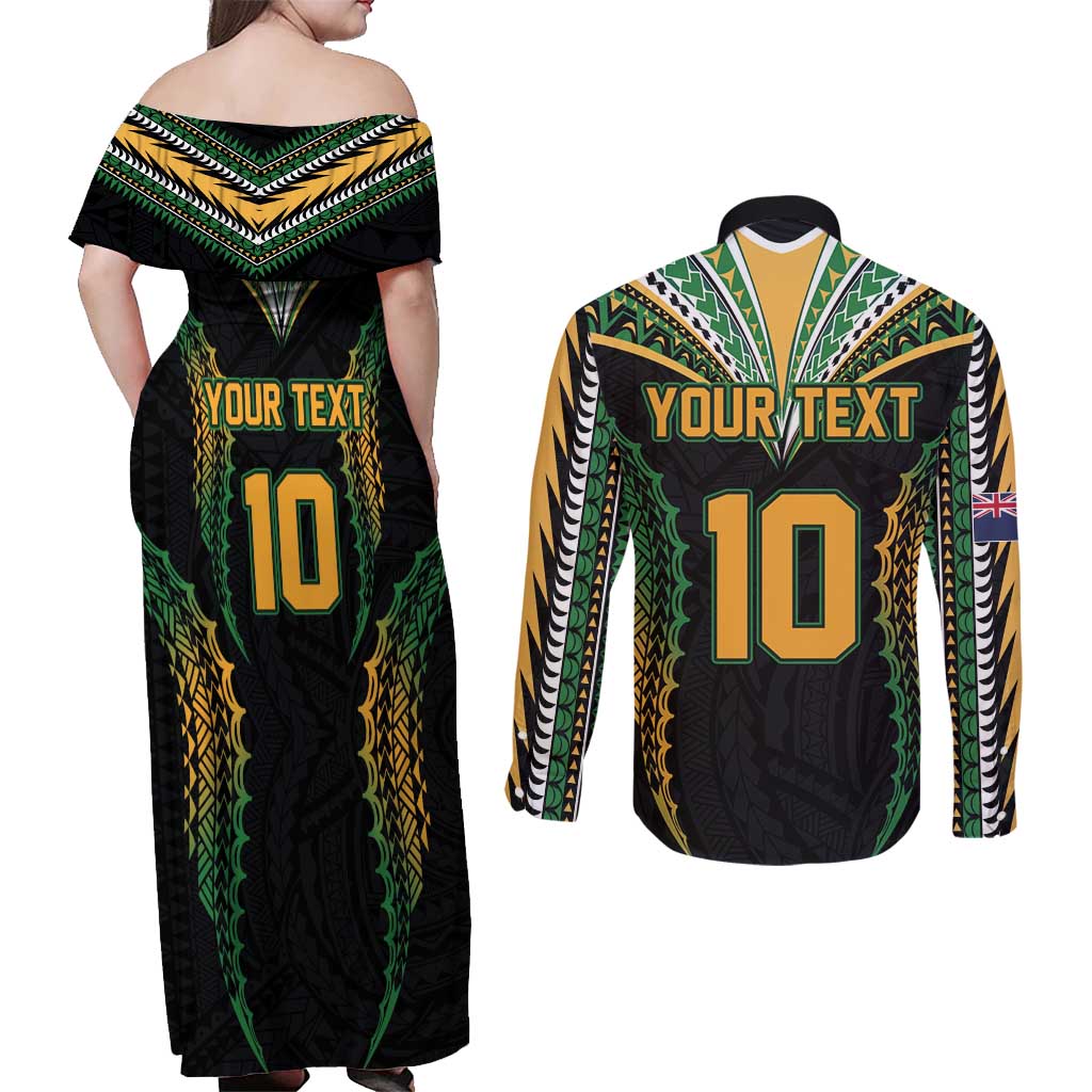 Custom Cook Islands Rugby League Couples Matching Off Shoulder Maxi Dress and Long Sleeve Button Shirt Tatau Tribal Pattern-Special Edition Black Color LT03 - Polynesian Pride