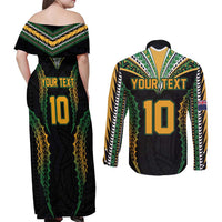 Custom Cook Islands Rugby League Couples Matching Off Shoulder Maxi Dress and Long Sleeve Button Shirt Tatau Tribal Pattern-Special Edition Black Color LT03 - Polynesian Pride