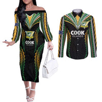 Custom Cook Islands Rugby League Couples Matching Off The Shoulder Long Sleeve Dress and Long Sleeve Button Shirt Tatau Tribal Pattern-Special Edition Black Color LT03 Green-Black - Polynesian Pride