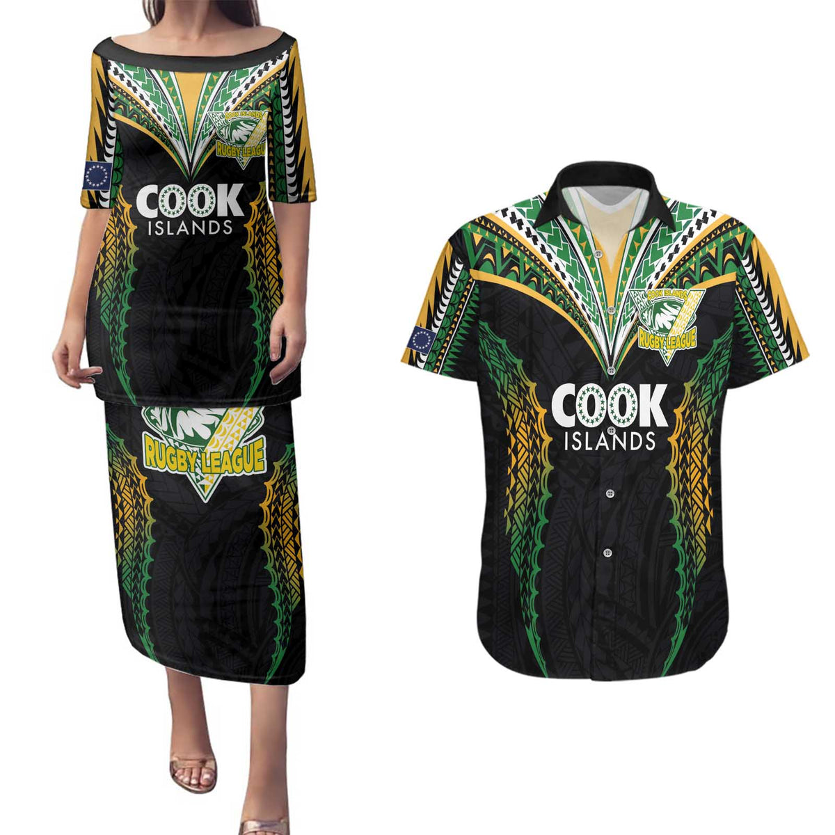 Custom Cook Islands Rugby League Couples Matching Puletasi and Hawaiian Shirt Tatau Tribal Pattern-Special Edition Black Color LT03 Green-Black - Polynesian Pride