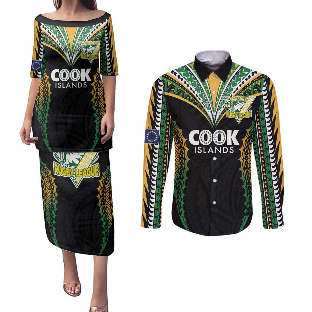 Custom Cook Islands Rugby League Couples Matching Puletasi and Long Sleeve Button Shirt Tatau Tribal Pattern-Special Edition Black Color LT03 Green-Black - Polynesian Pride