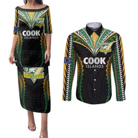 Custom Cook Islands Rugby League Couples Matching Puletasi and Long Sleeve Button Shirt Tatau Tribal Pattern-Special Edition Black Color LT03 Green-Black - Polynesian Pride
